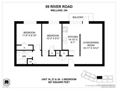 Floor plan for 2 beds, 1 bath, 868 sqft